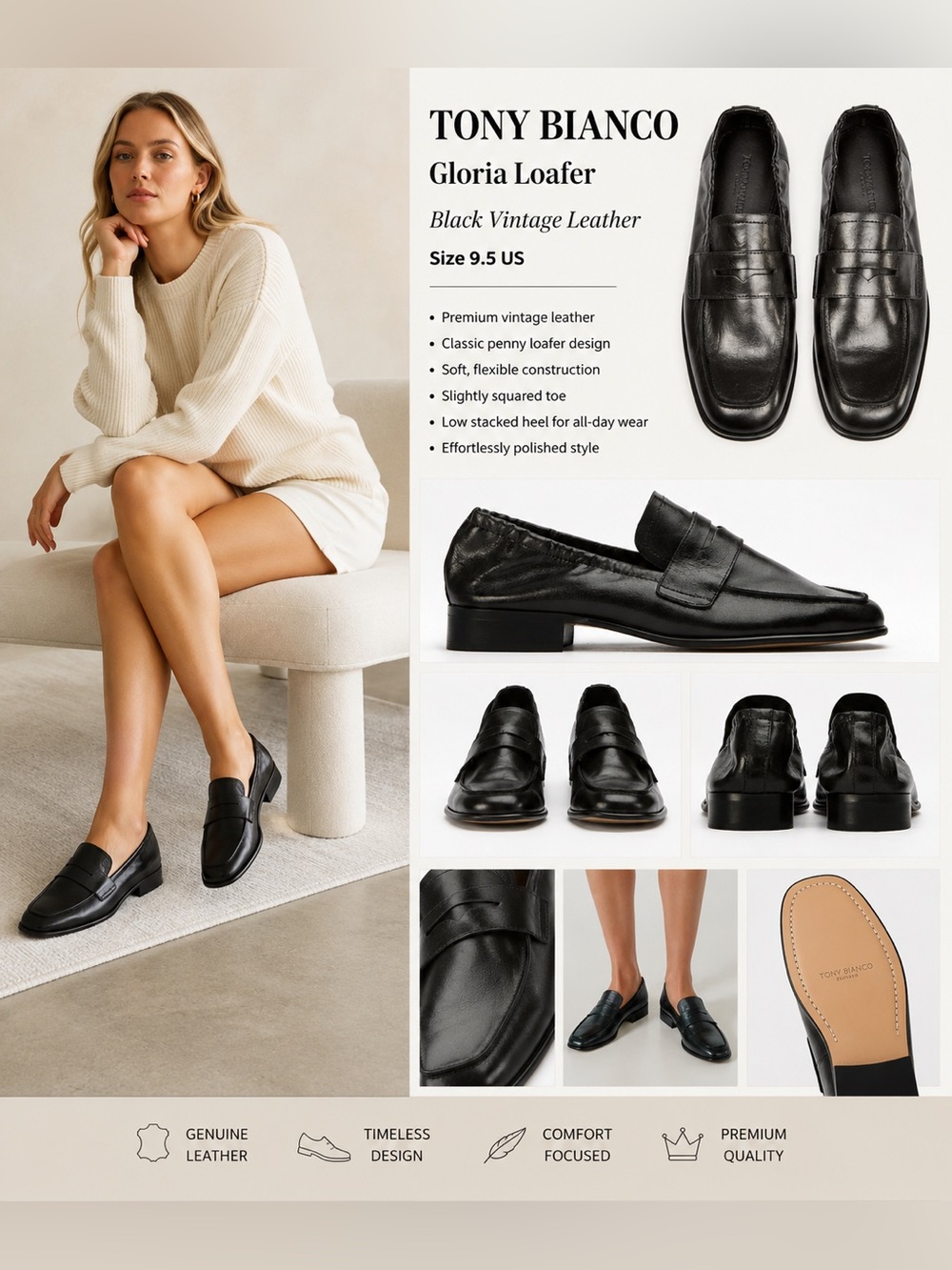 Tony Bianco Gloria Black Vintage Leather Penny Loafers Women’s Size 9.5